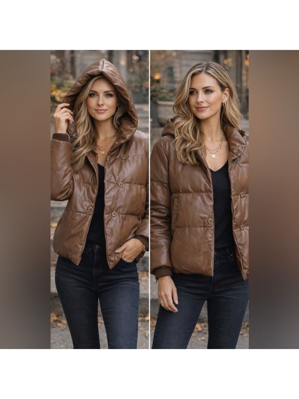 JAKKE POPPY COFFEE BROWN VEGAN LEATHER PUFFER HOODIE JACKET COAT SIZE 6